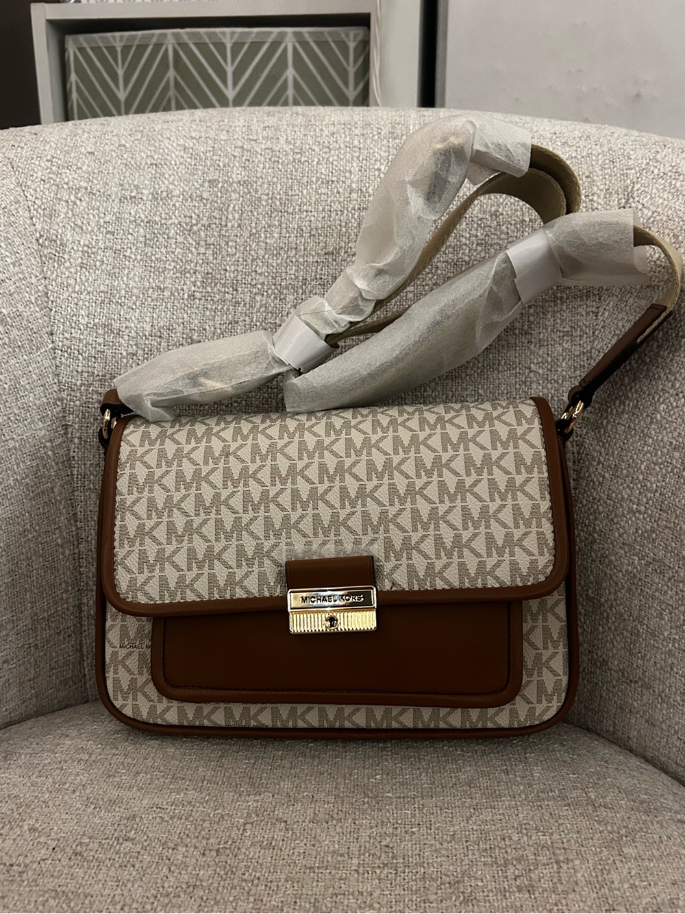 Michael Kors Beige Logo Crossbody with Brown Trim